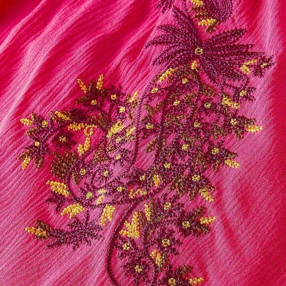 Hot Pink Boho Women's Deep V-Neck Floral Embroidered Batwing Sleeve Dress - Picture 2 of 12